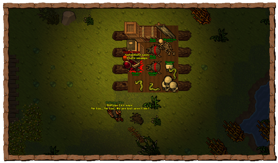 Players fighting creatures in a forest camp